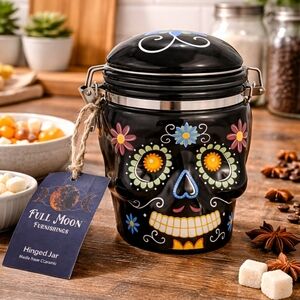 Sugar Skull Day of the Dead Hinged Jar Black Ceramic Canister 6” Decor